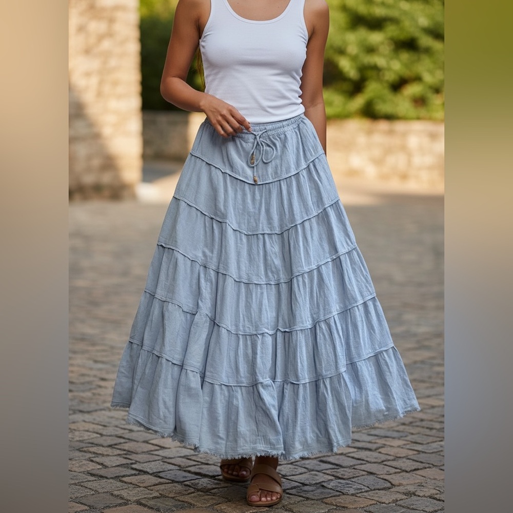 NWT Free People Light Blue Tiered Maxi Skirt